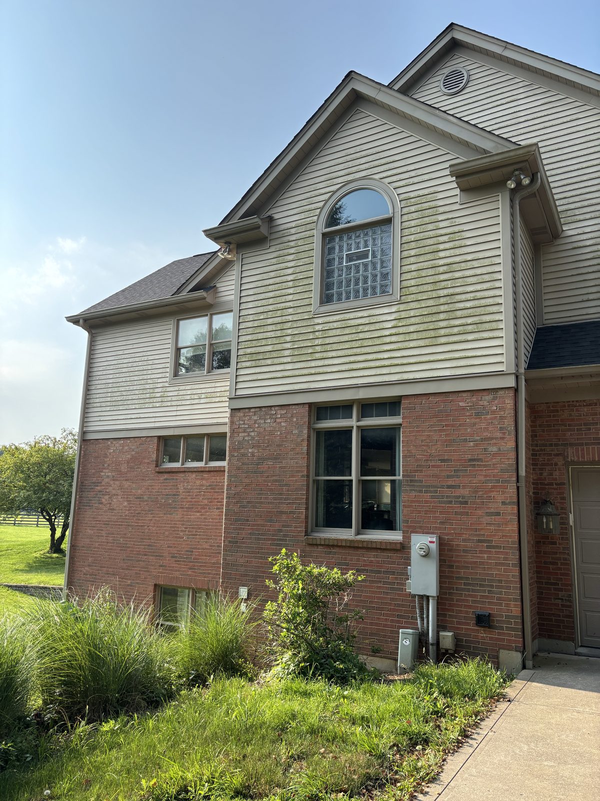 Before — Vinyl siding, algae growth removed from gable and eaves by Shine in Cincinnati