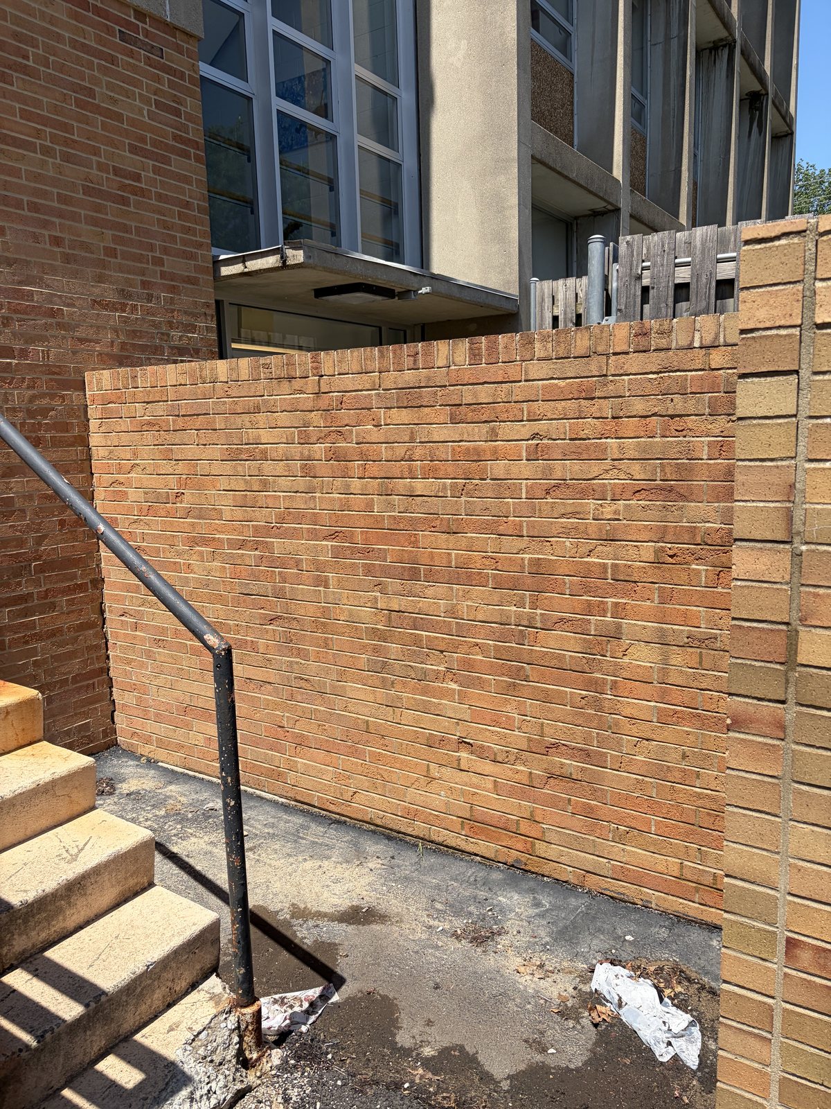 After — Brick masonry wall, organic staining removed, flat surface pressure washing by Shine