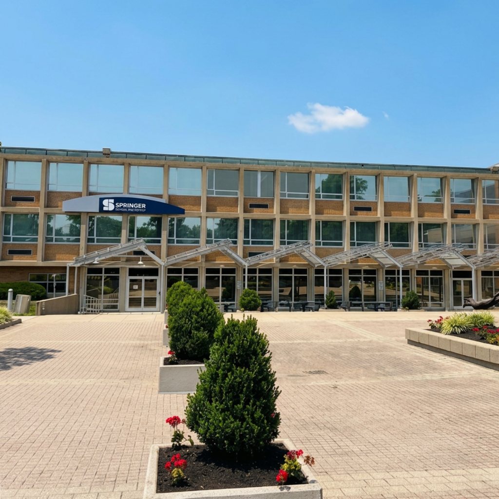 After — Brick and precast facade with entry plaza at a school campus, building washing by Shine