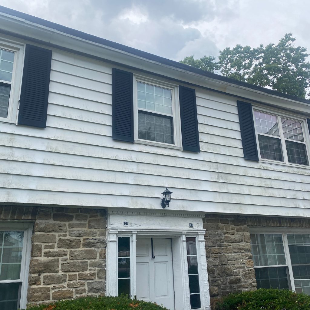 Before — White clapboard and stone, algae and staining removed by Shine in Cincinnati