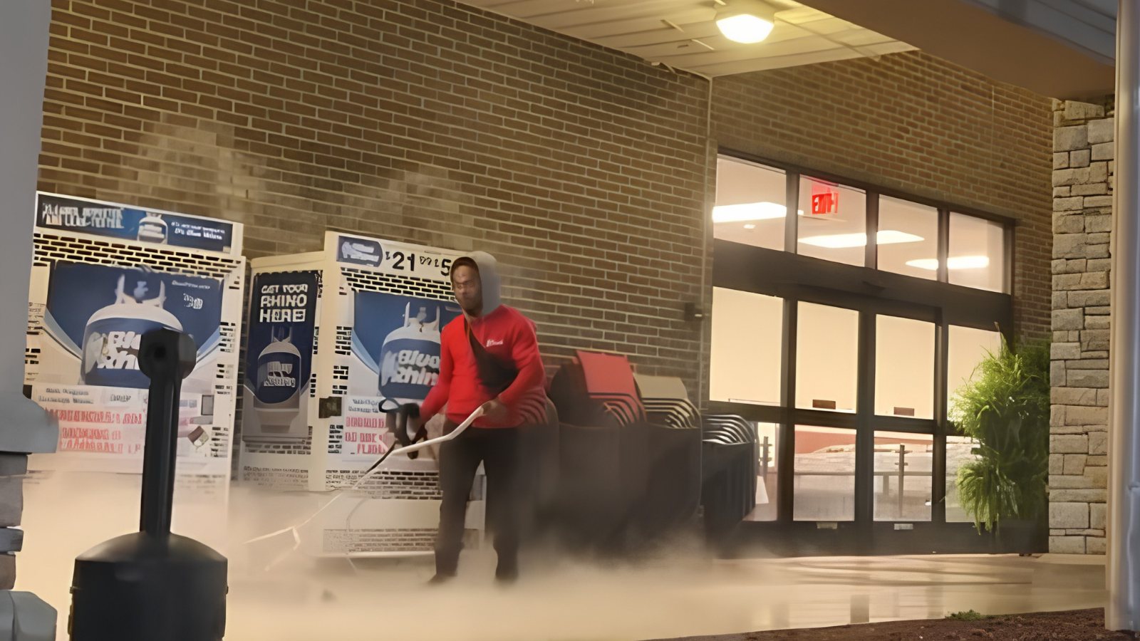 Storefront sidewalk cleaning at a retail center using hot water and a surface cleaner