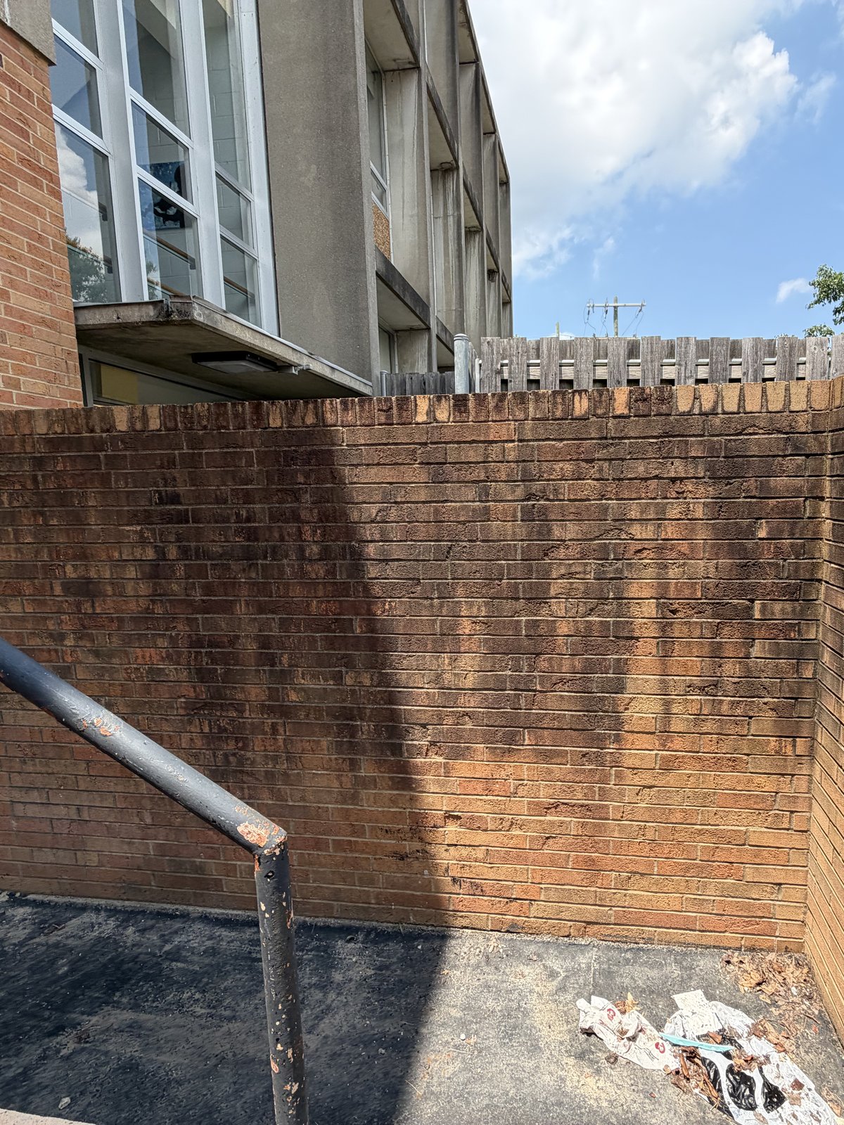 Before — Brick masonry wall, organic staining removed, flat surface pressure washing by Shine